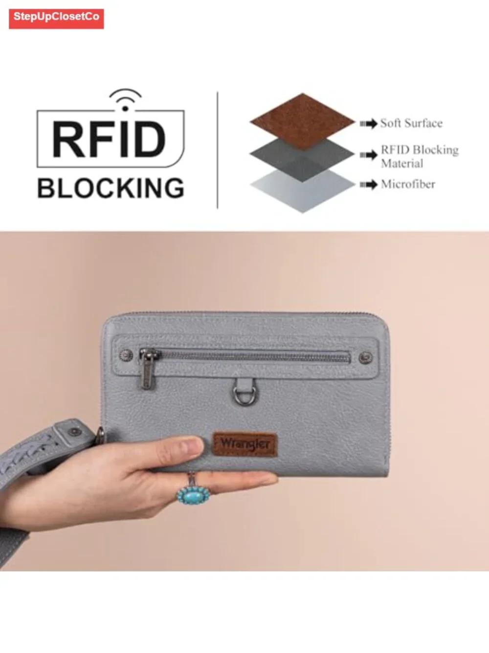 RFID Faux Leather Wristlet Clutch Wallet with Detachable Strap